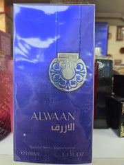 Alwaan Blue 100ml natural spray fragrance bottle in elegant blue packaging