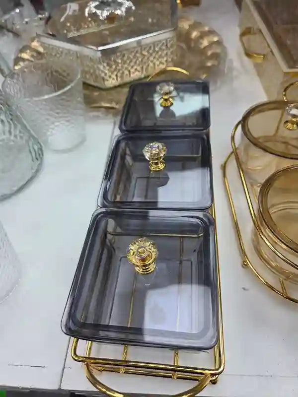 Ameco Luxury 3-Piece Glass Serving Pot Set Gold Trim-My Store