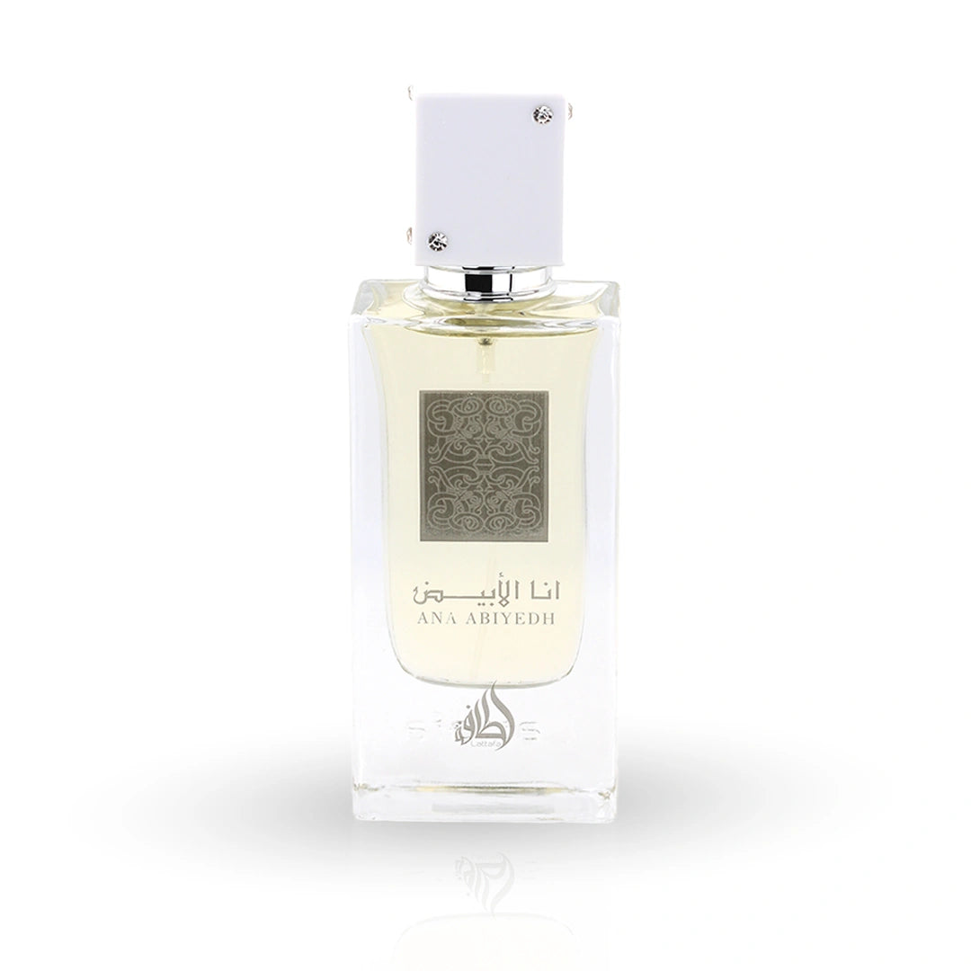 Ana Abiyedh perfume bottle by Lattafa with white packaging