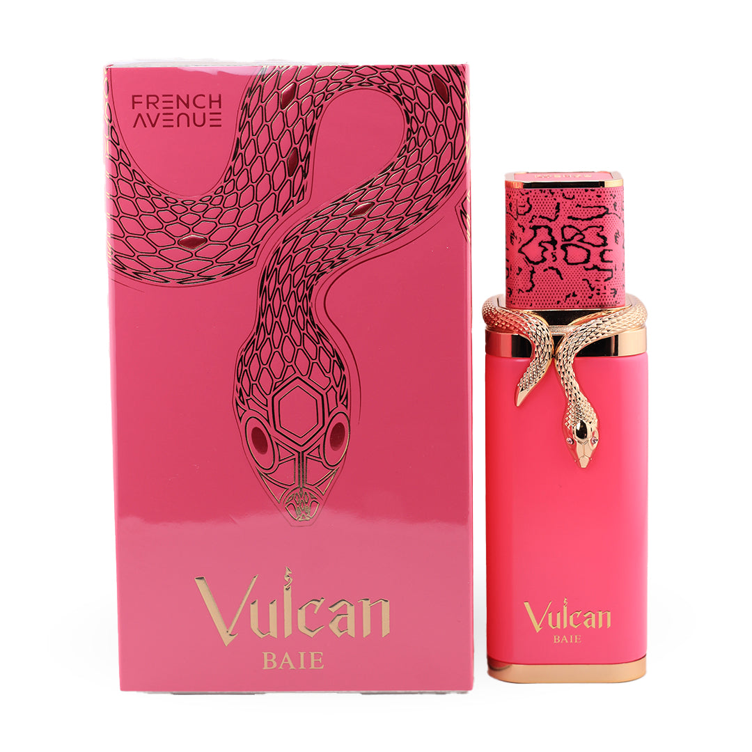 Pink vulcan perfume bottle and packaging with 'Vulcan' branding on a white background
