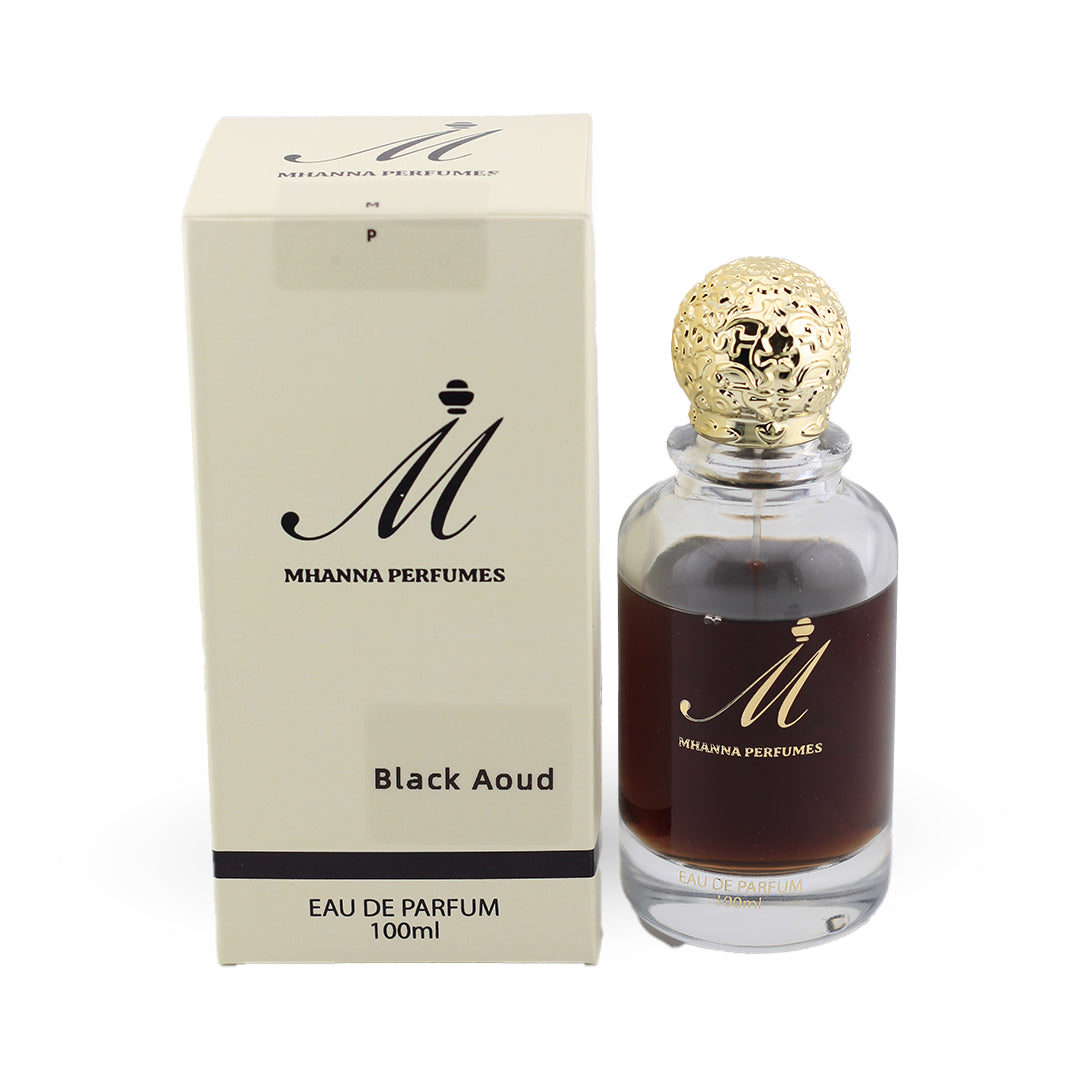 Black Aoud 100ml by Mhanna Perfumes featuring a rich blend of oud, rose, and musk for a bold, elegant fragrance.
