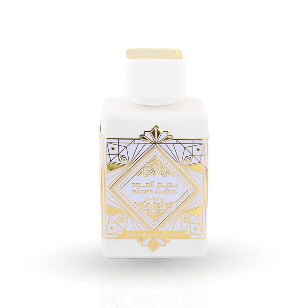 Badee Al Oud Honor & Glory white perfume bottle with gold Art Deco design by Lattafa