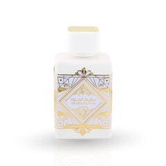Badee Al Oud Honor & Glory white perfume bottle with gold Art Deco design by Lattafa