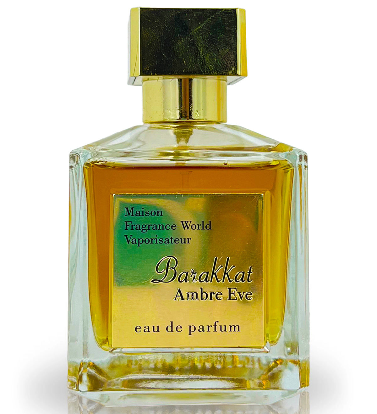 Barakkat Ambre Eve perfume bottle 100ml with golden amber liquid and elegant square design