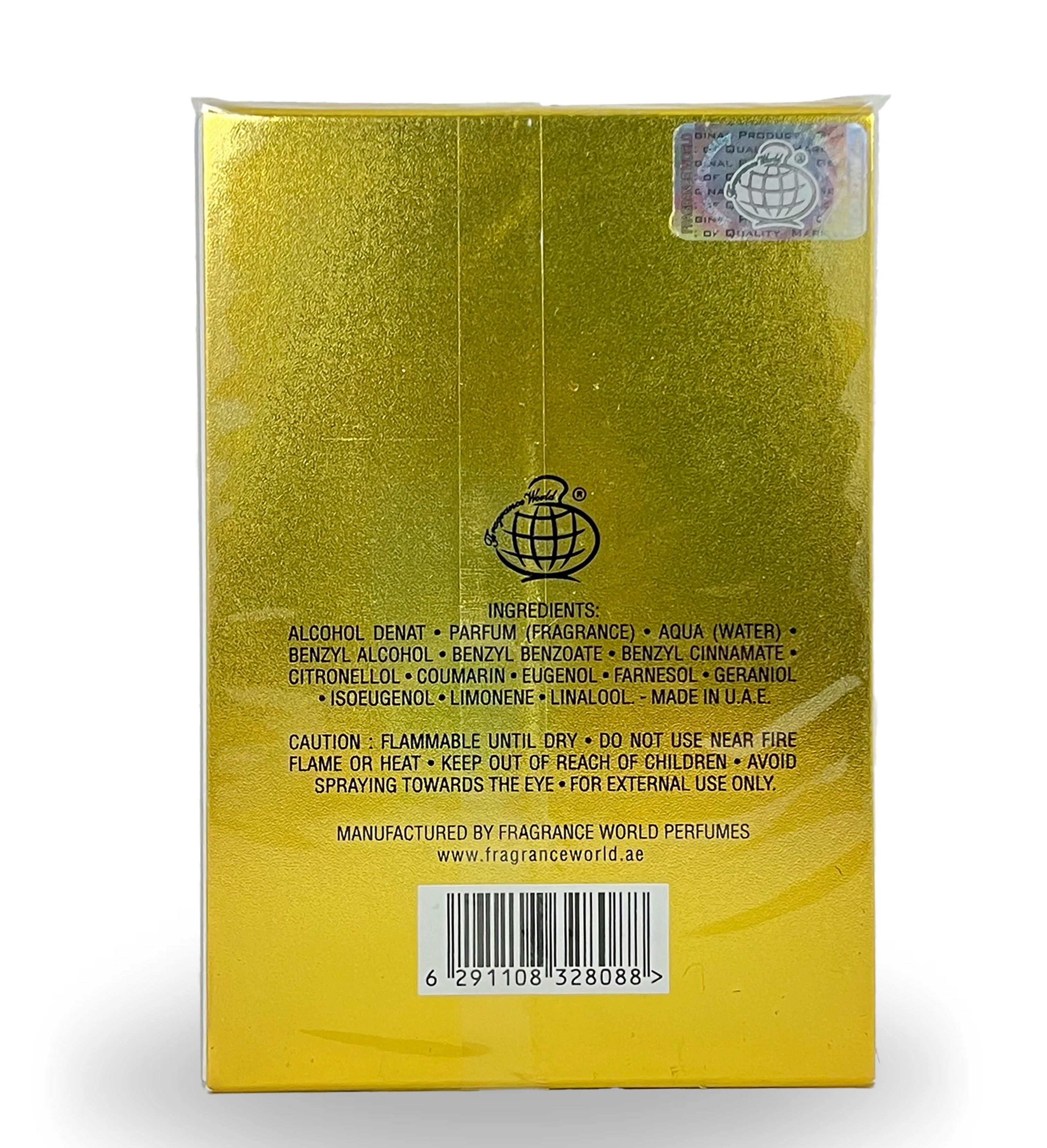 Barakkat Ambre Eve perfume bottle 100ml with golden amber liquid and elegant square design