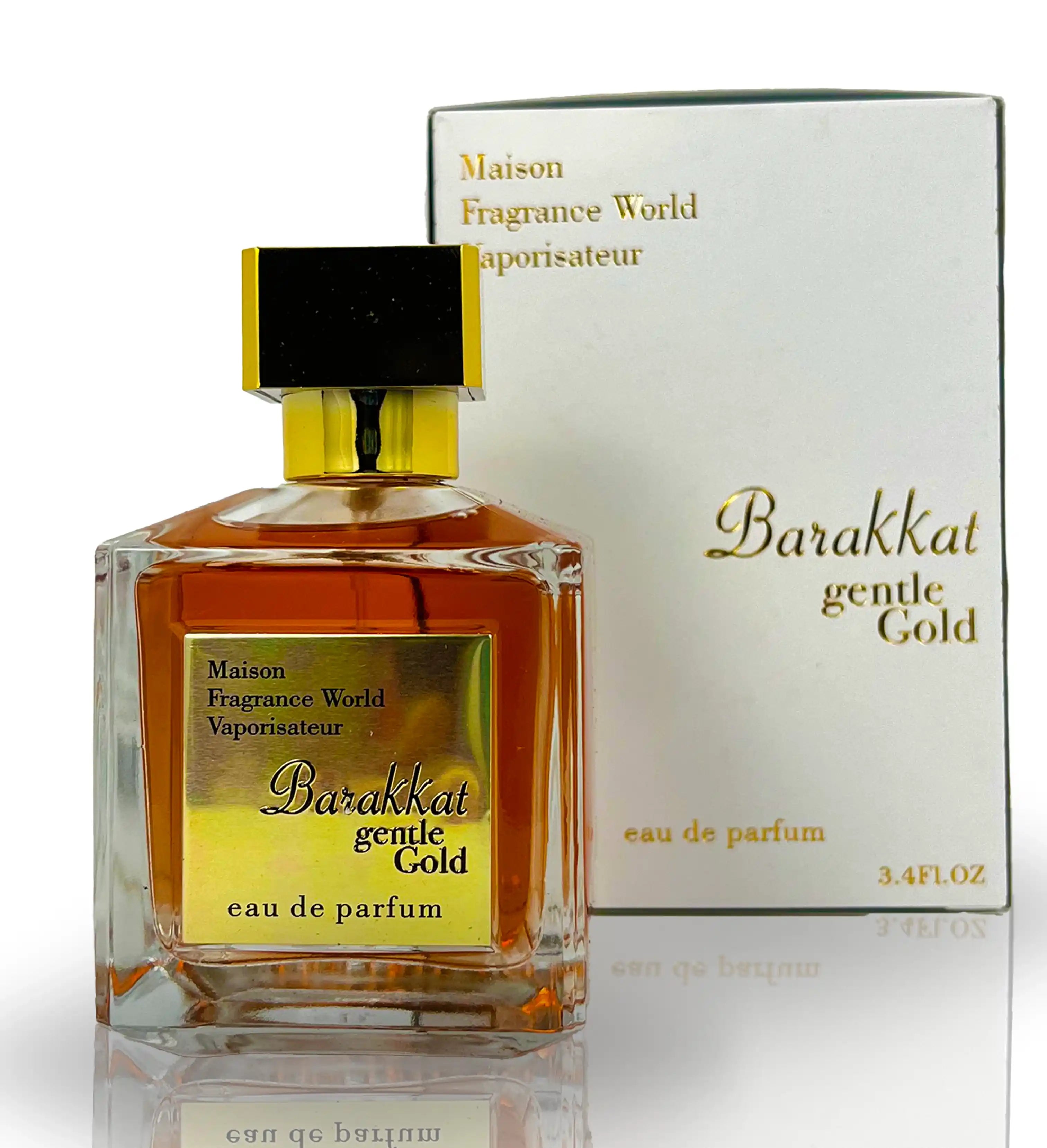 Barakkat Gentle Gold perfume bottle 100ml with golden amber liquid and elegant packaging