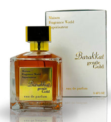 Barakkat Gentle Gold perfume bottle 100ml with golden amber liquid and elegant packaging