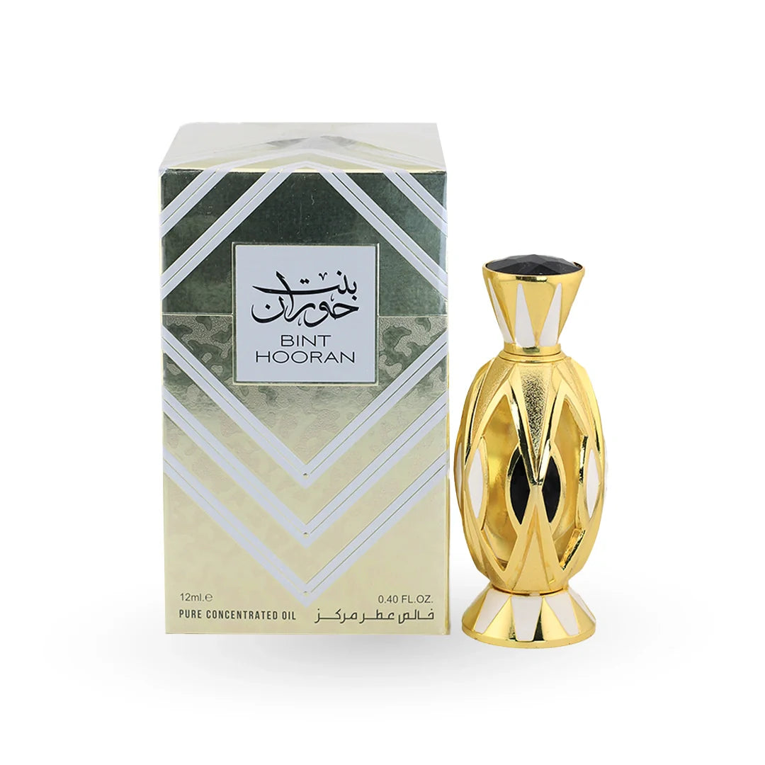 Bint Hooran golden perfume oil bottle with geometric design