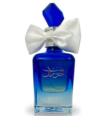 Bint Hooran blue gradient perfume bottle with white bow by Lattafa