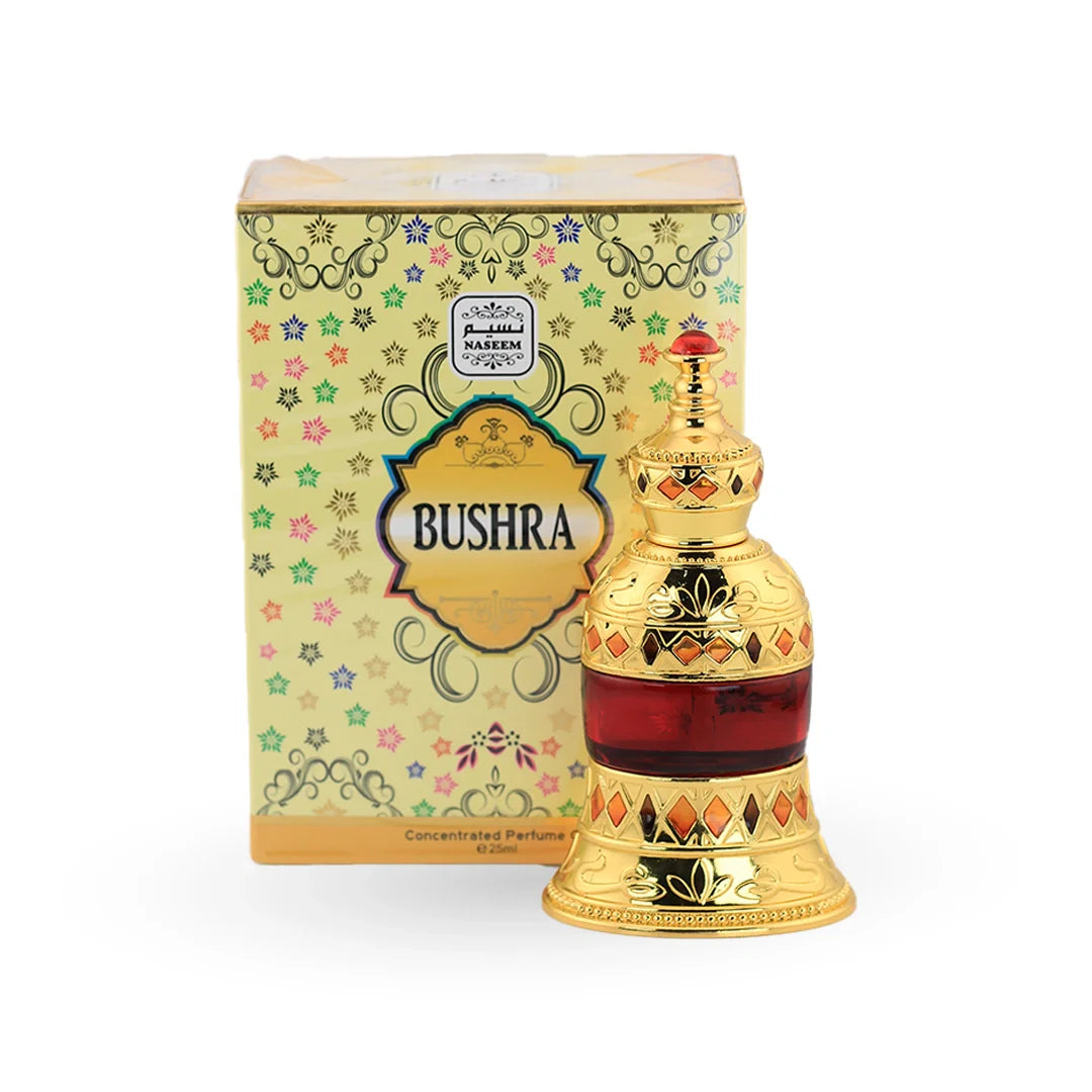 Bushra perfume oil golden bottle with red accent by Naseem