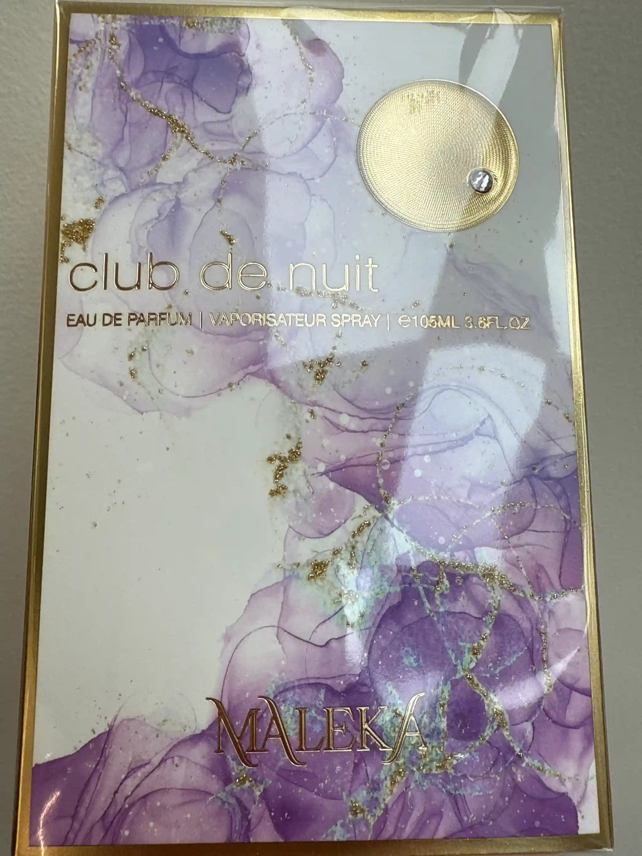 Club de Nuit Maleka 105ml purple marble perfume bottle with gold accents