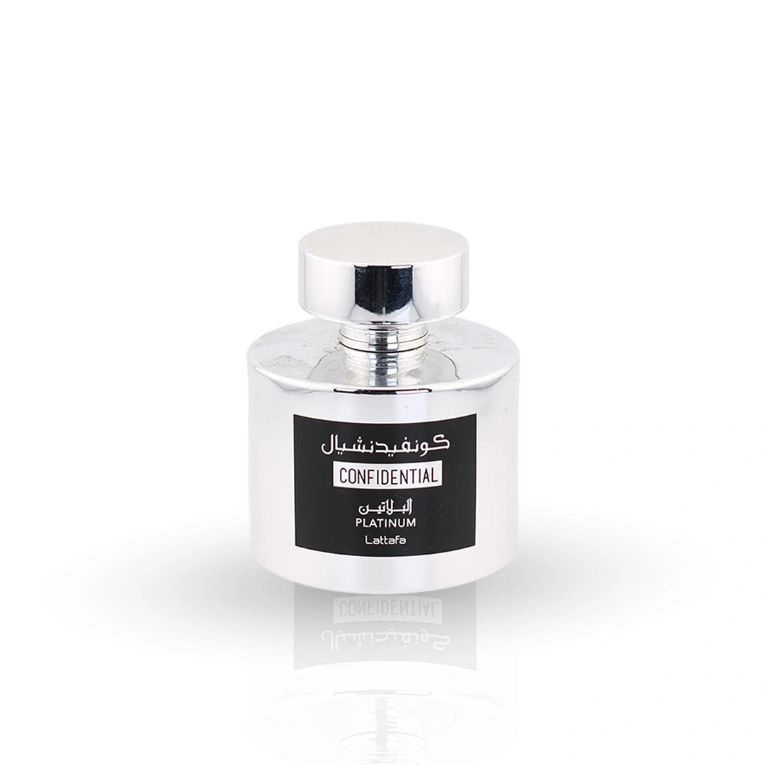 Confidential Platinum Lattafa perfume bottle 100ml silver packaging