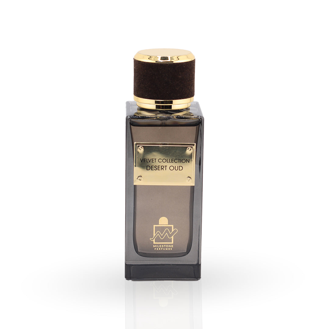 Perfume bottle labeled 'Desert Oud' from the 'Velvet Collection' on a white background