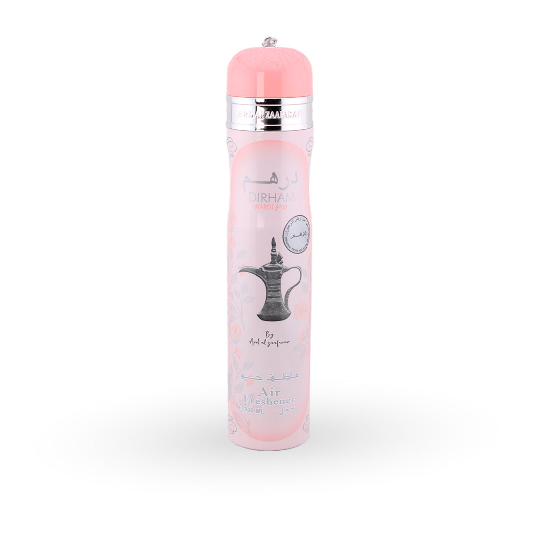 Pink air freshener spray bottle with silver top on a white background