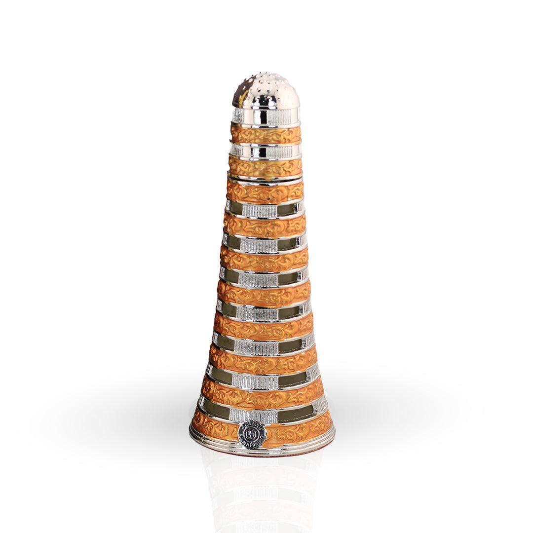 Decorative object with orange and silver striped design on a white background