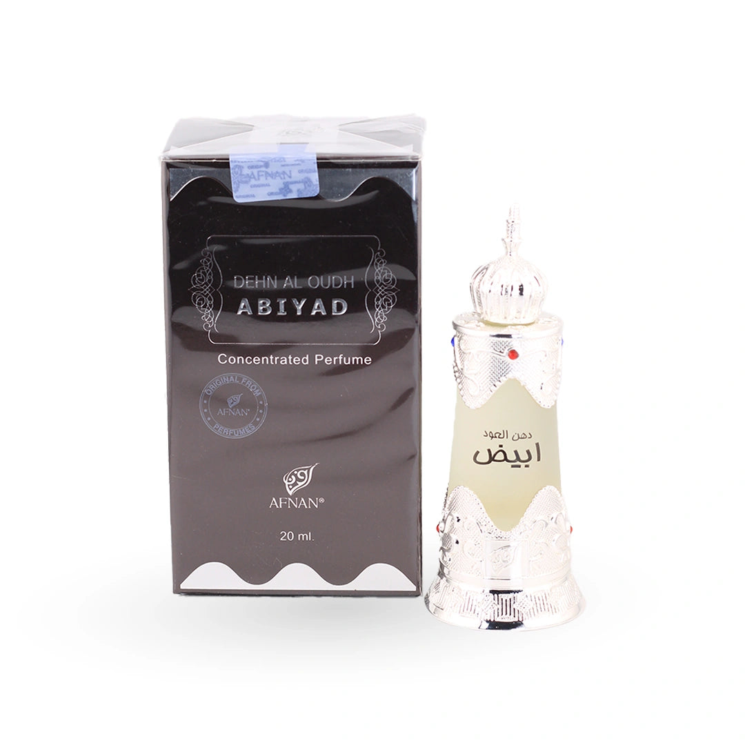 Afnan Dehn Al Oudh Abiyad perfume oil bottle with packaging