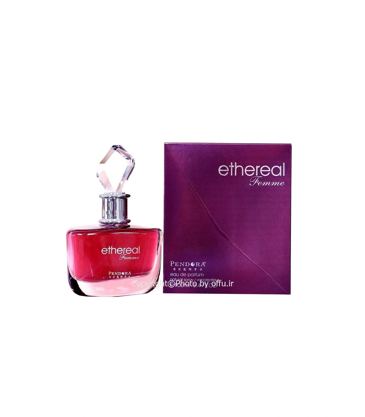 Ethereal Femme perfume bottle in gradient pink with geometric crystal cap and purple box