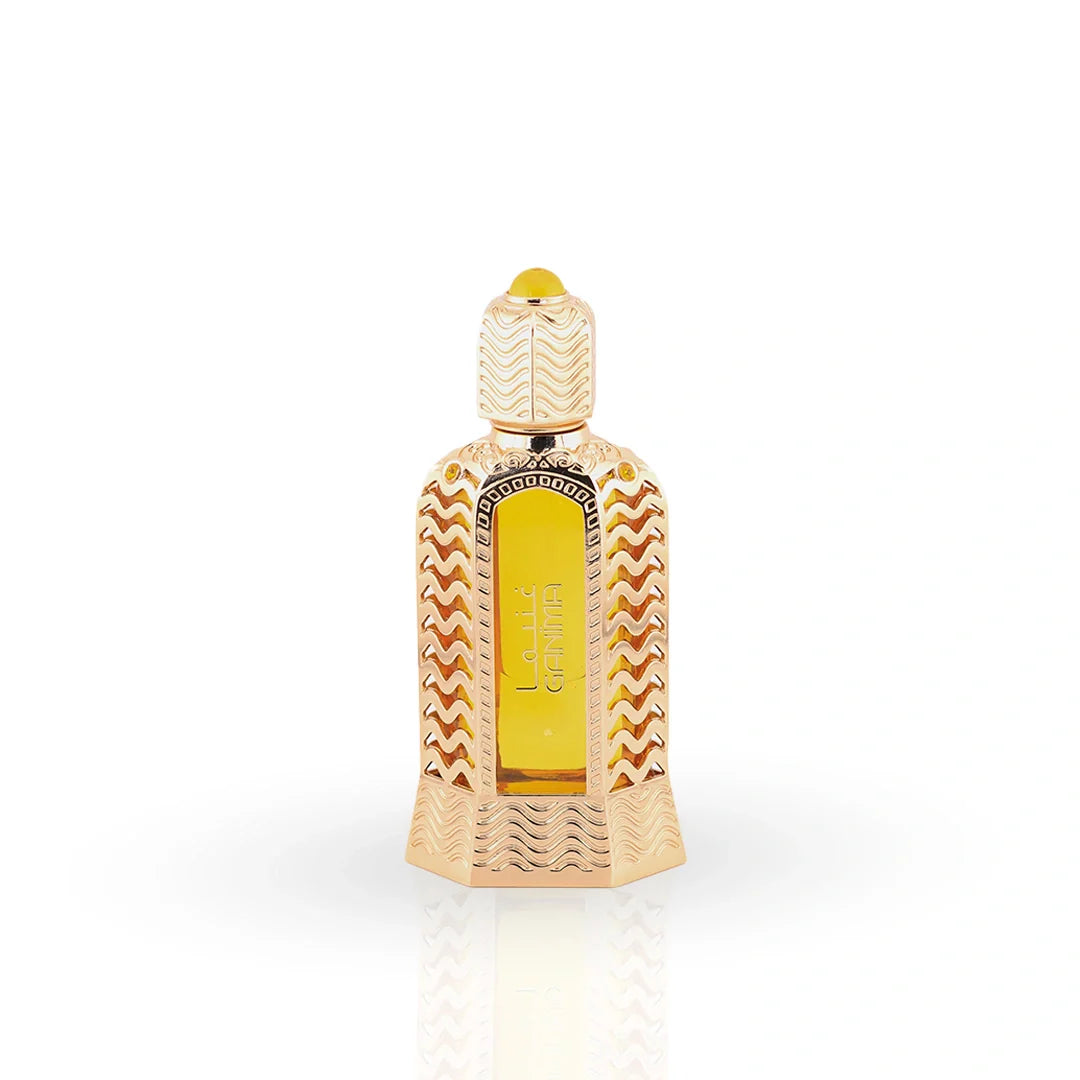 Ganima golden perfume oil bottle with geometric patterns by Naseem
