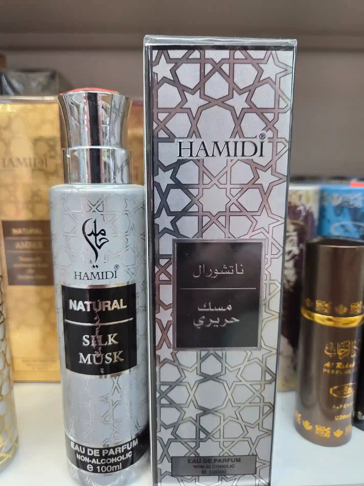 Hamidi Silk Musk eau de parfum 100ml bottle with geometric pattern box