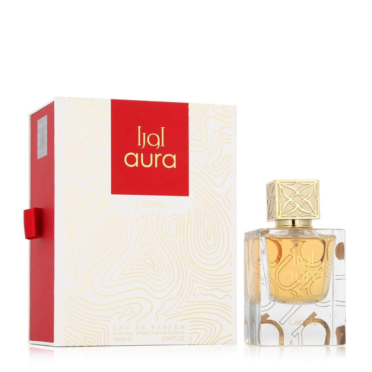 Ijol Aura golden perfume in crystal bottle with geometric cap by Lattafa