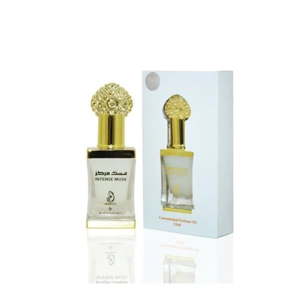 Intense Musk perfume oil bottle with ornate gold filigree cap and white packaging
