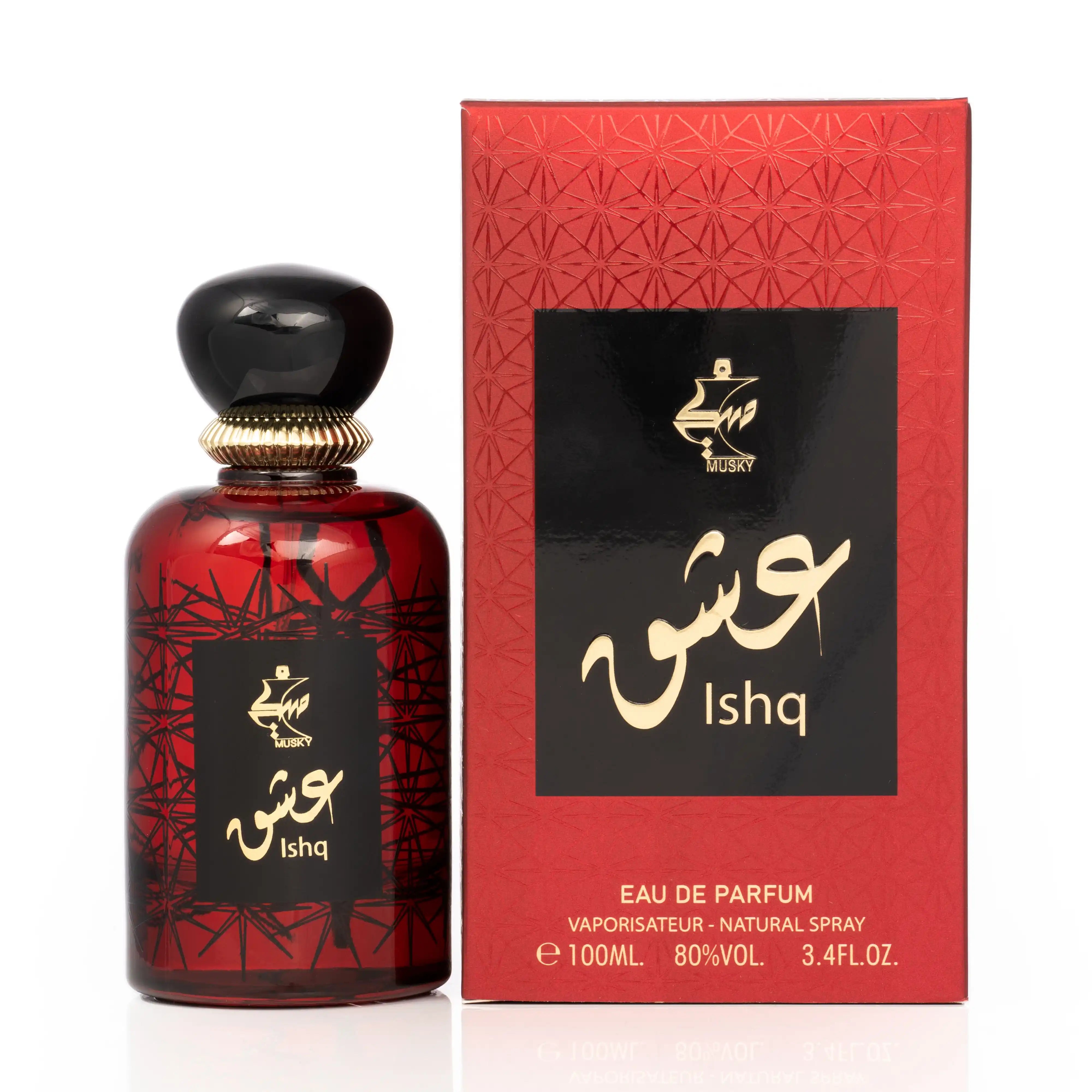 Ishq eau de parfum 100ml red bottle with black geometric pattern and cap