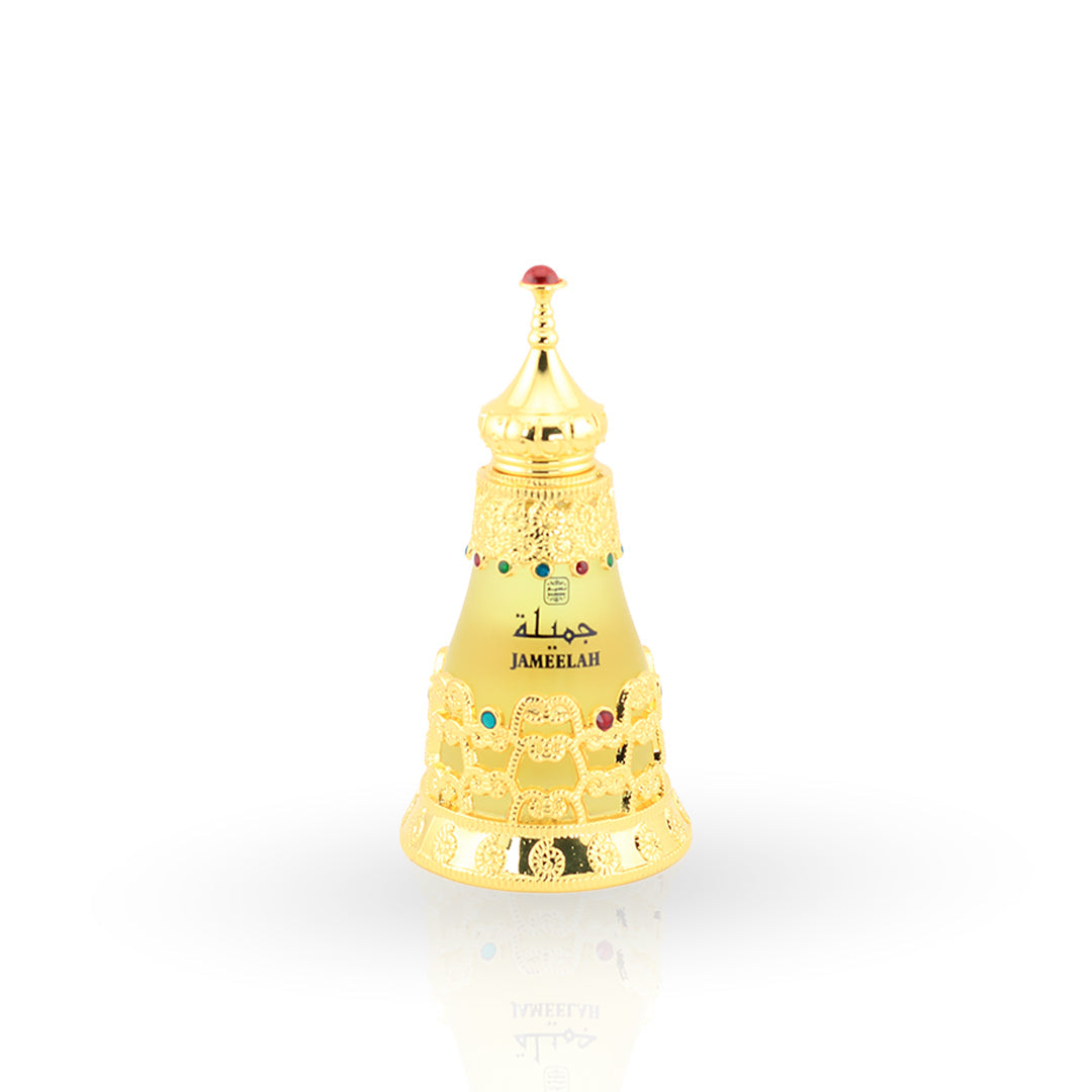 Jameelah concentrated perfume oil in ornate golden bottle with decorative gems