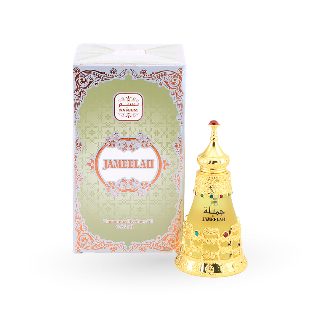 Jameelah concentrated perfume oil in ornate golden bottle with decorative gems