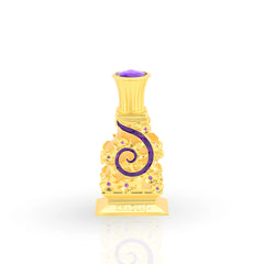 Johayna Purple perfume oil in ornate gold crystal bottle with purple swirl design and decorative gems