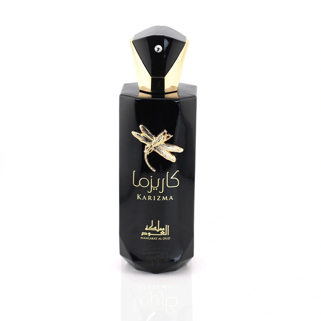 Karizma 100ml Eau de Parfum by Mamlakat Al Oud with black bottle and golden dragonfly