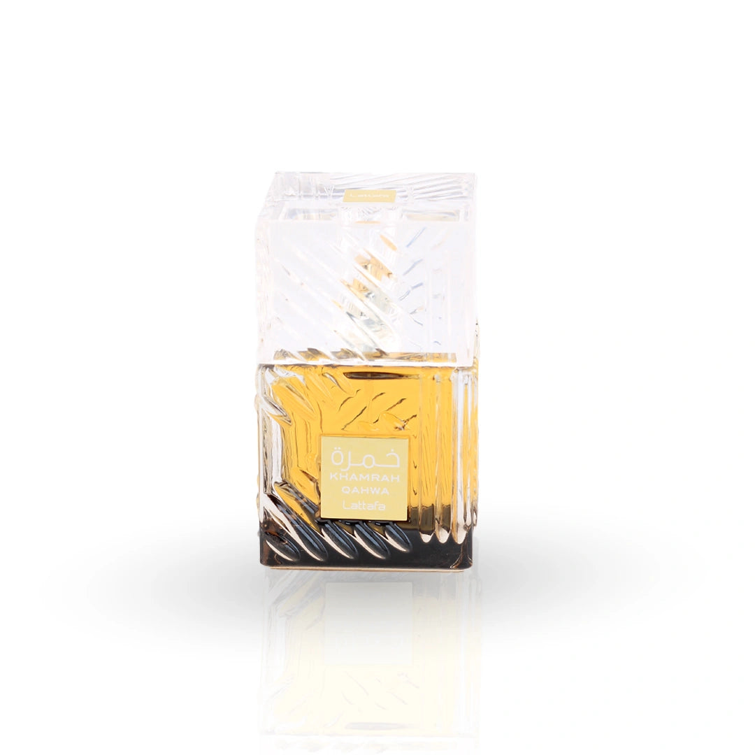 Khamrah Qahwa perfume bottle by Lattafa with brown packaging