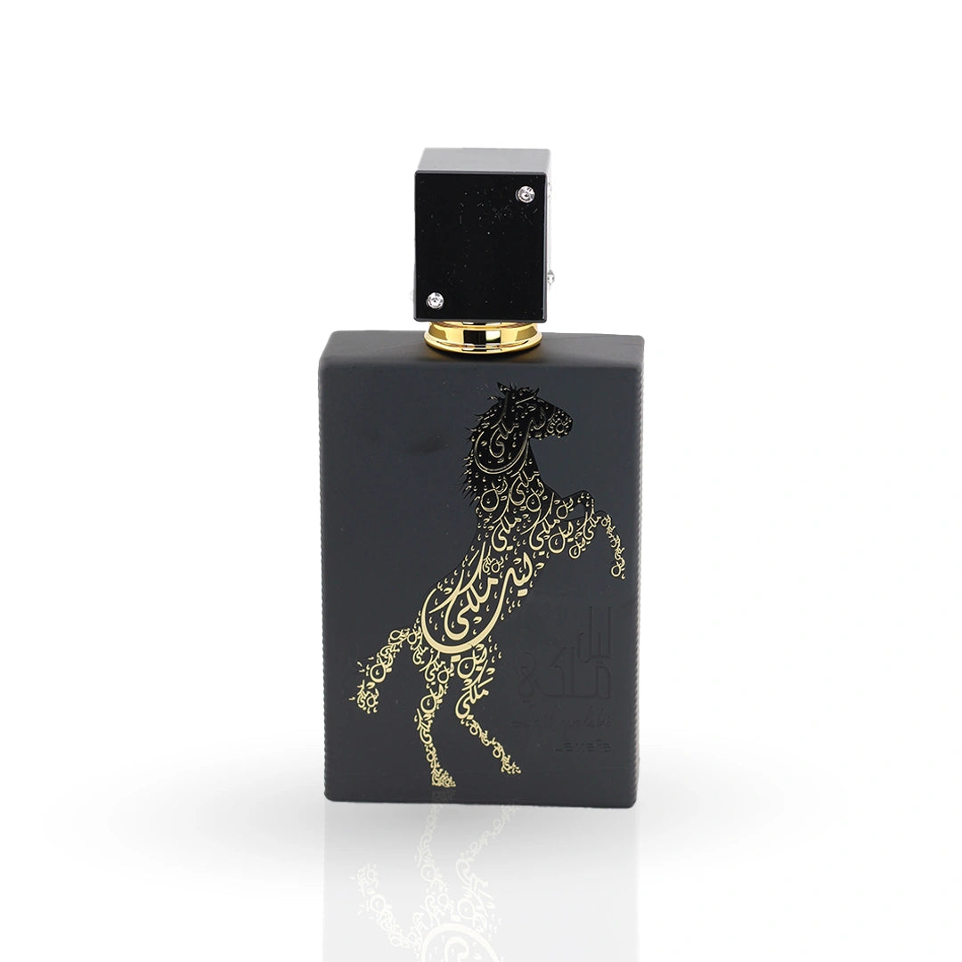 Lail Malaki black bottle with golden Arabic horse calligraphy design