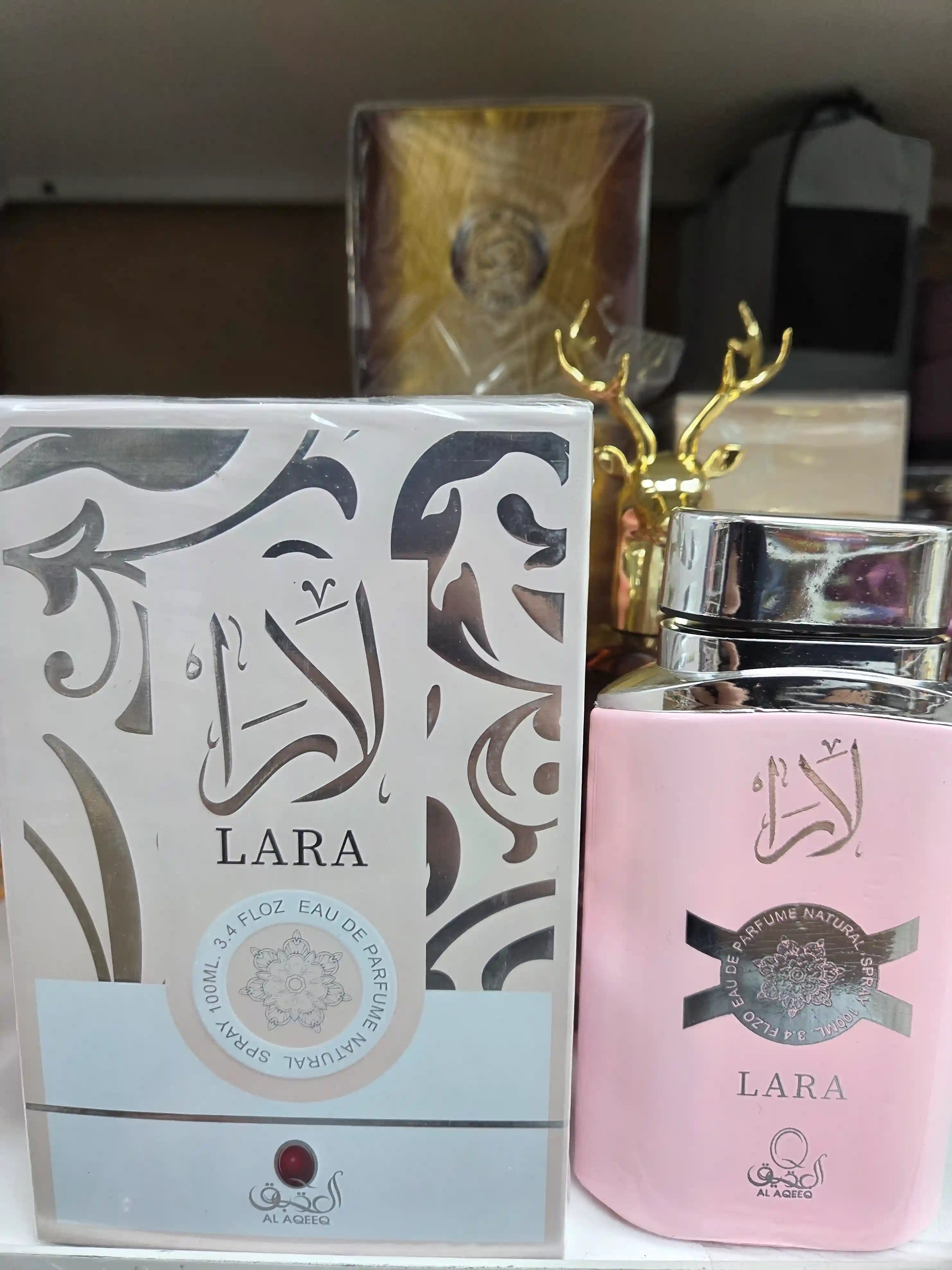 Lara 100ml eau de parfum pink bottle by Al Aqeeq with packaging