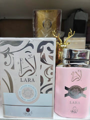 Lara 100ml eau de parfum pink bottle by Al Aqeeq with packaging