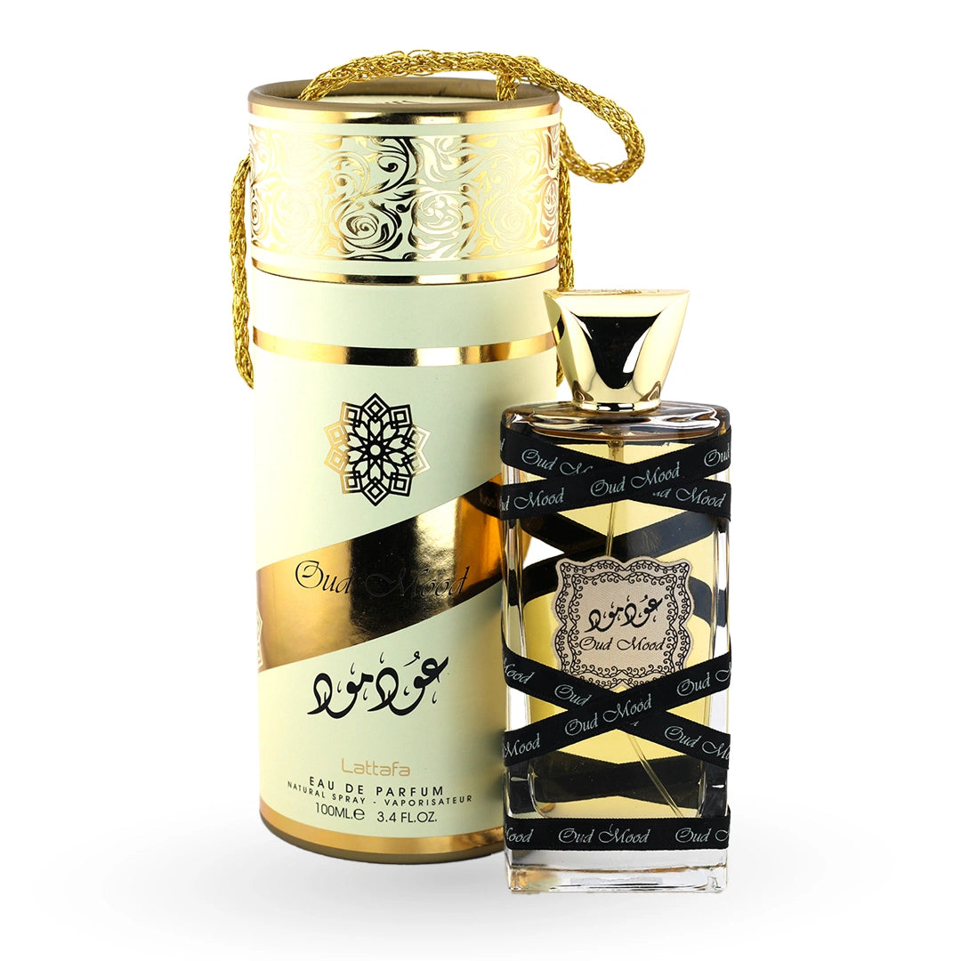 Lattafa Oud Mood perfume bottle with luxury golden gift packaging