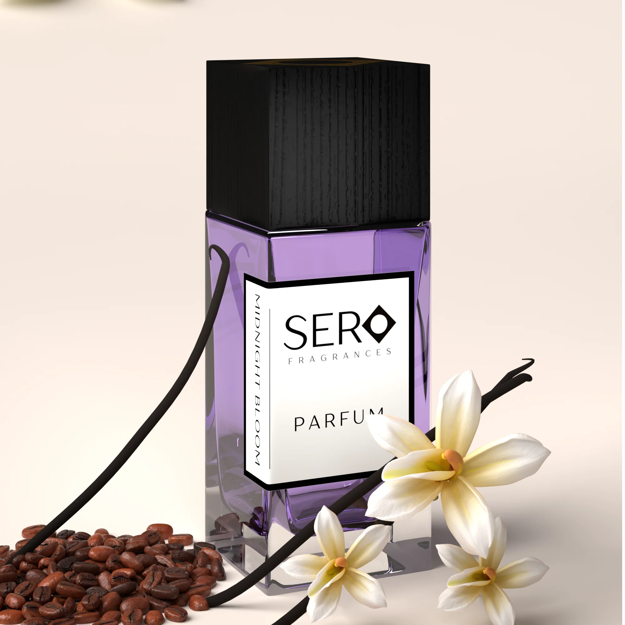 Sero Midnight Bloom parfum bottle front view, Sero Fragrances