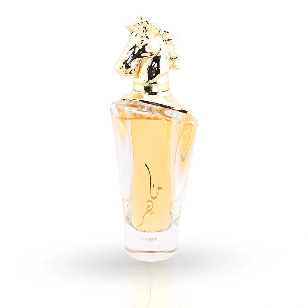 Maahir 100ml perfume bottle with golden horse cap by Lattafa