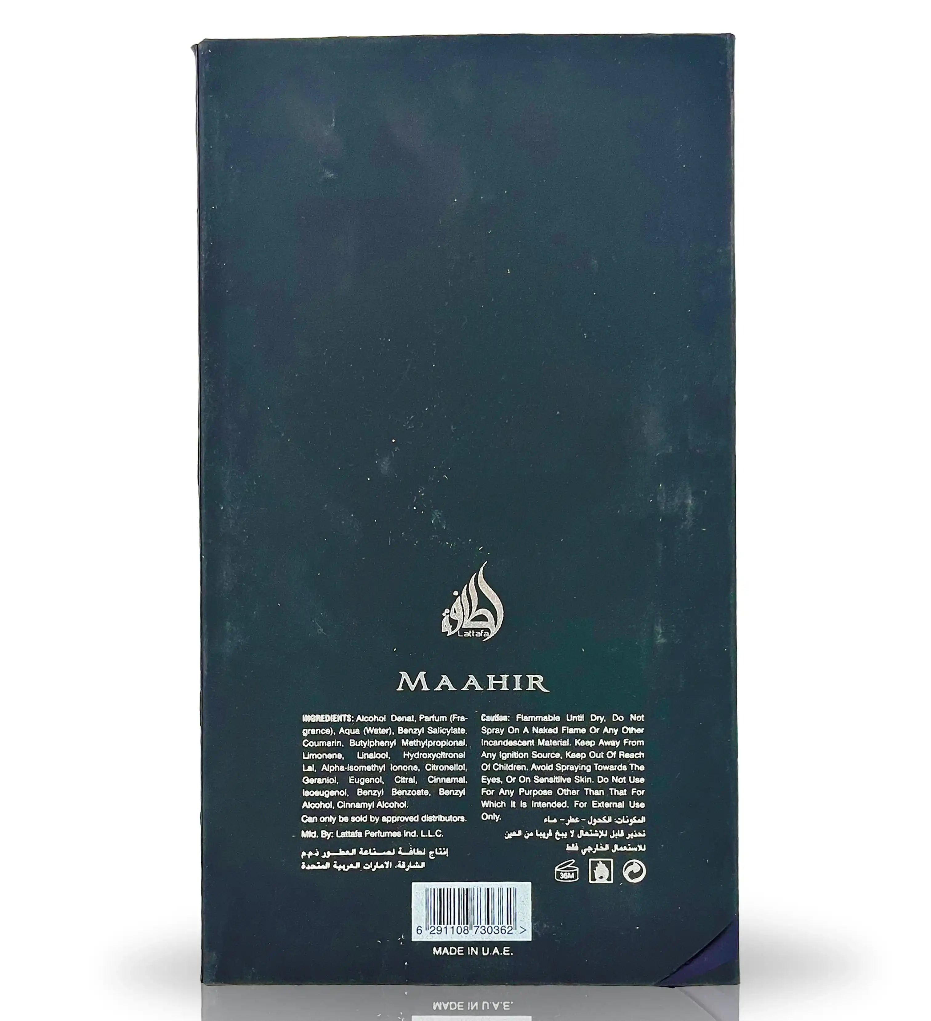Maahir Black Edition perfume with ornate metal horse head cap by Lattafa