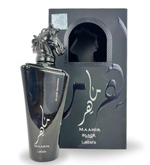 Maahir Black Edition perfume with ornate metal horse head cap by Lattafa