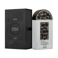 Mahrajan Silver perfume with geometric cube pattern bottle by Lattafa
