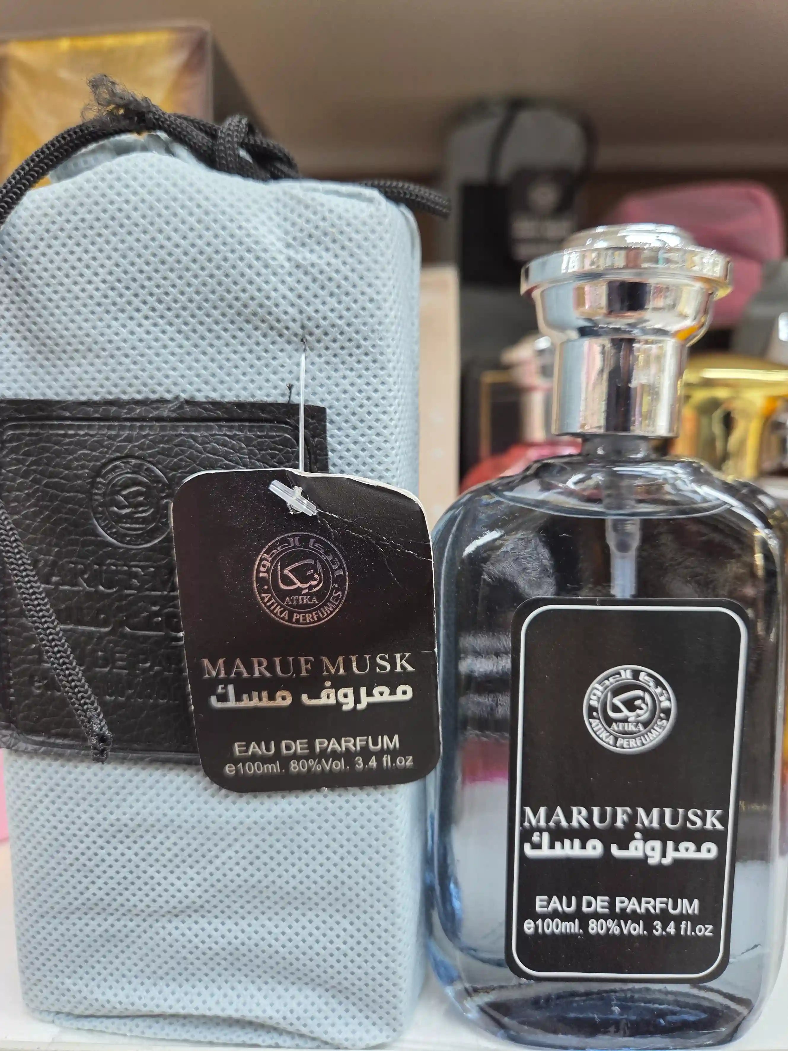 Maruf Musk 100ml perfume bottle with black travel case by Atiha