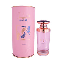 Mayar pink perfume bottle by Lattafa with cylindrical packaging