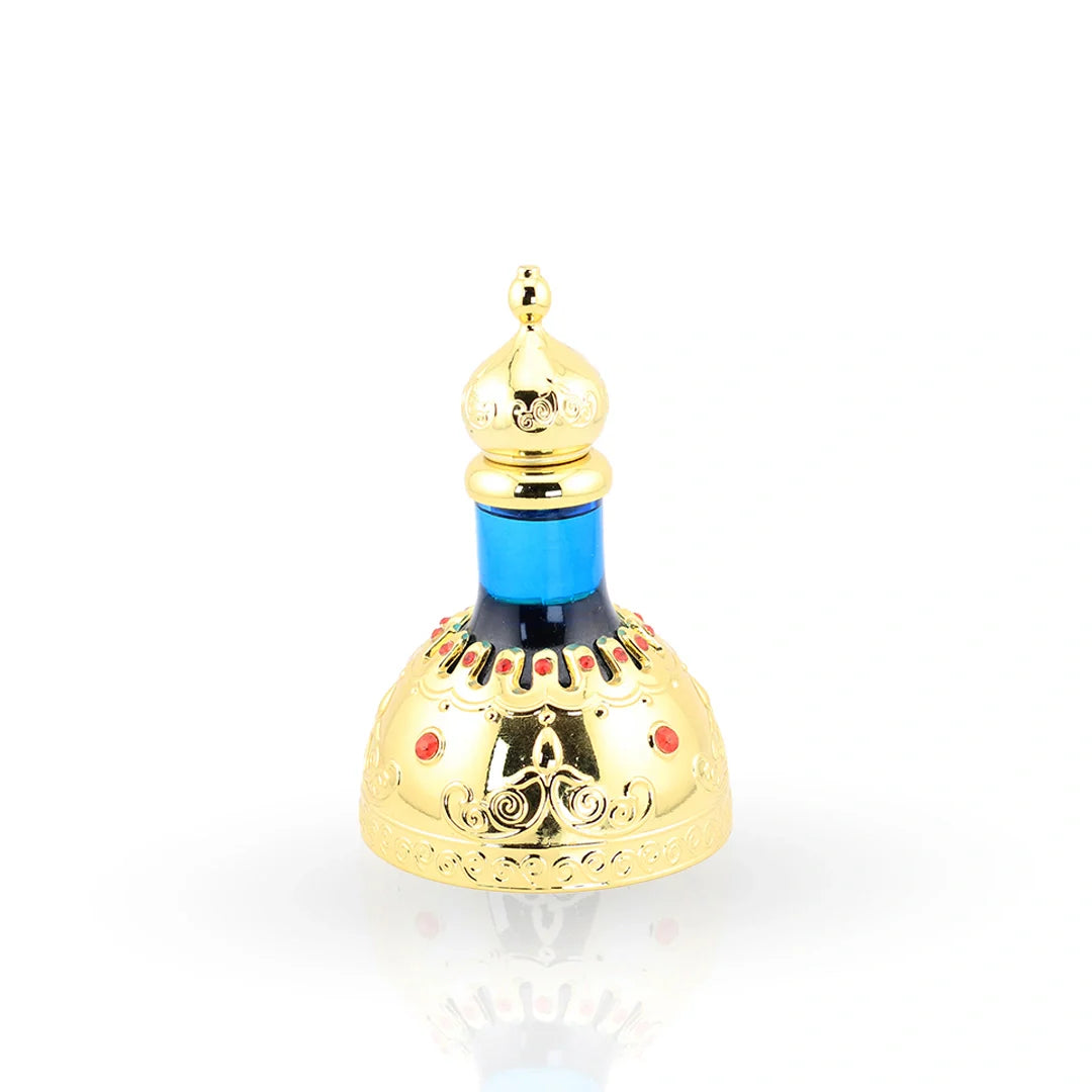 Maysoon ornate golden perfume bottle with blue cap and colorful gems