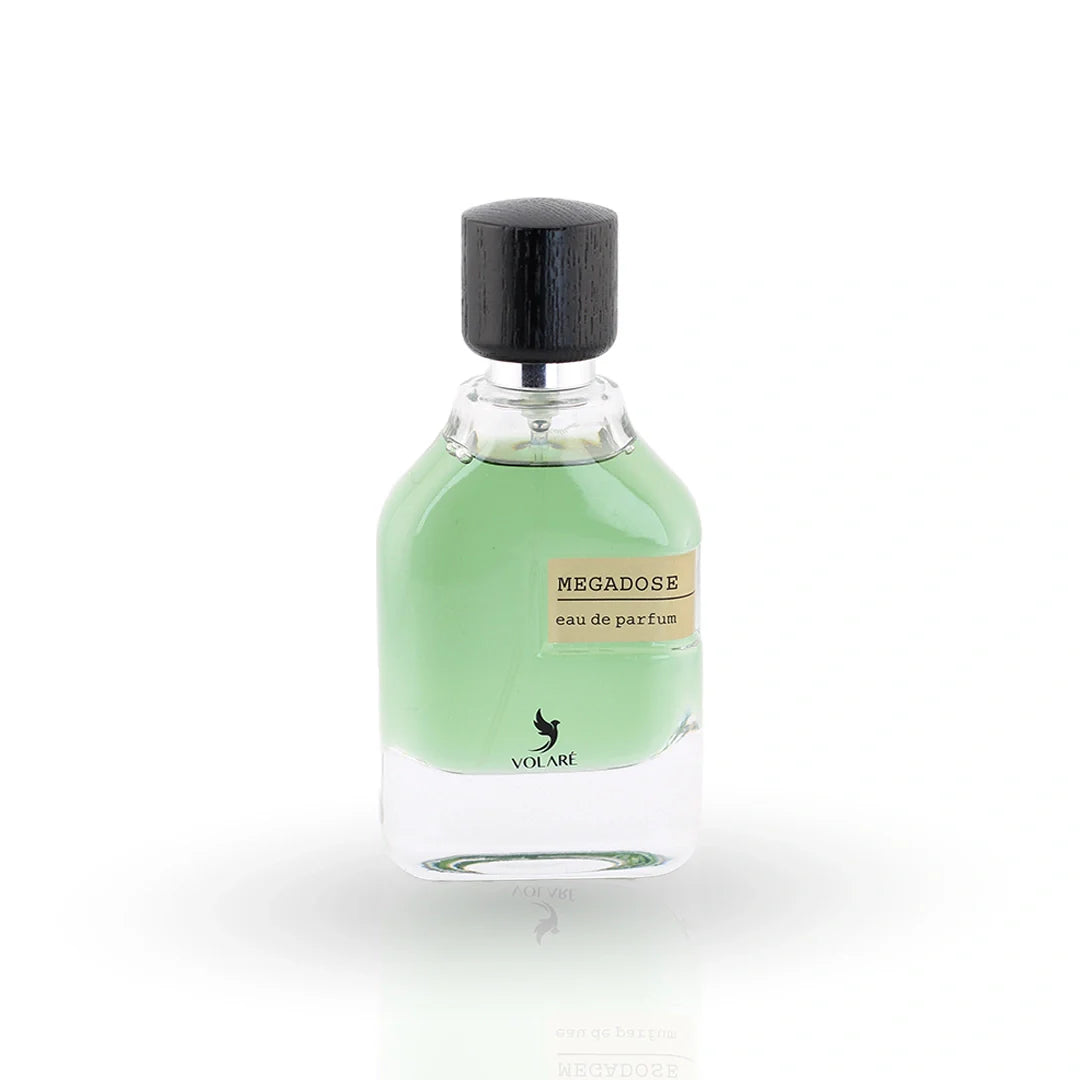 Megadose Volare green eau de parfum bottle 80ml with wooden cap