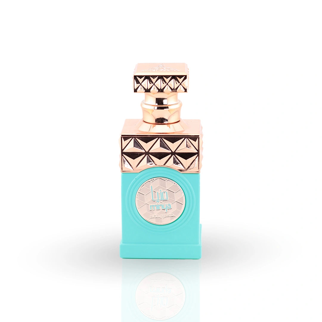 Minya turquoise perfume bottle with rose gold geometric cap by Paris Corner