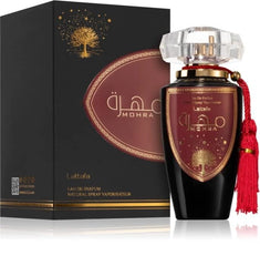 Mohra perfume bottle by Lattafa with golden tree design and tassel