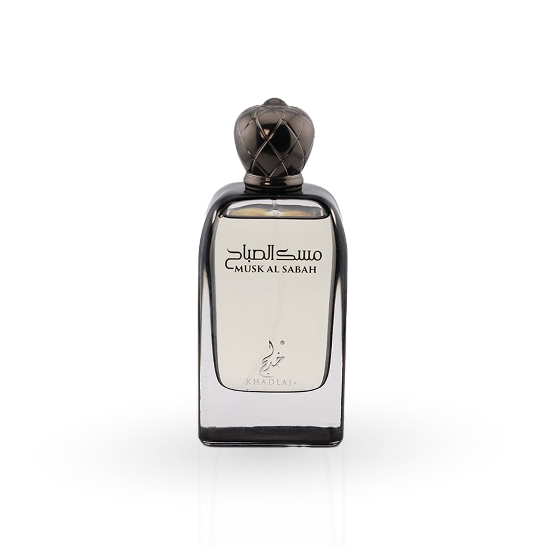 Perfume bottle with a metallic cap on a white background