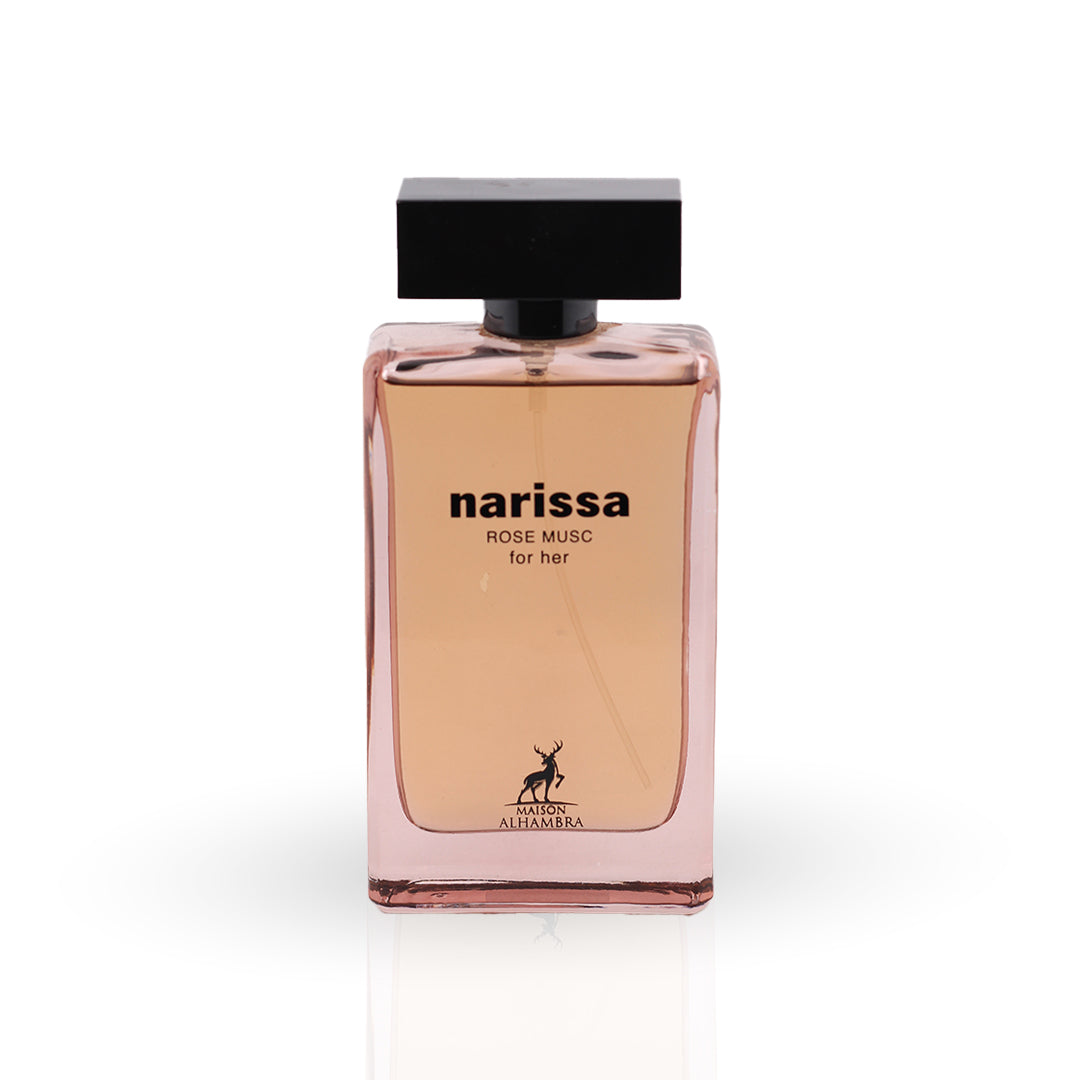 Perfume bottle labeled 'narissa Rose Musc' on a white background