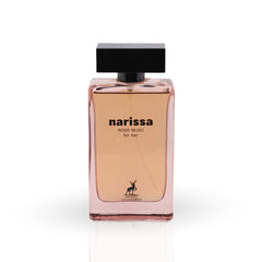 Perfume bottle labeled 'narissa Rose Musc' on a white background