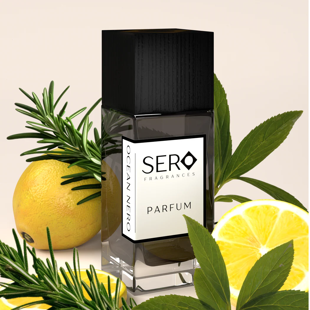 Sero Ocean Nero parfum bottle front view, Sero Fragrances